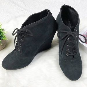 Kelsi Dagger Black Suede Wedged Booties
